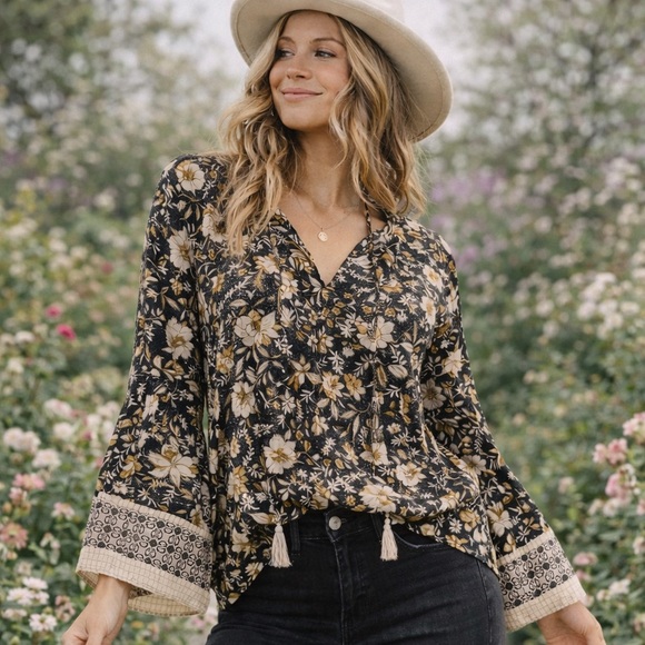 lovestitch Tops - lovestitch Black Floral Boho Blouse with Cream & Gold Accents
